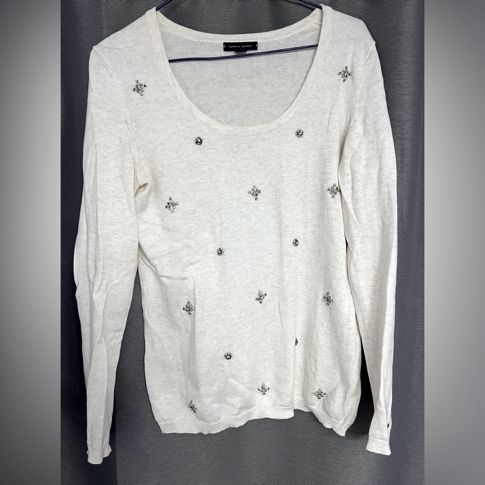 Tommy beige 100% cottton sweater with jewels embellishments